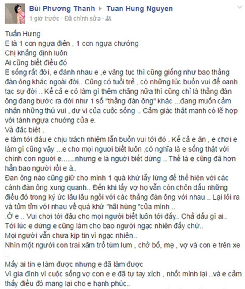 Tuấn Hưng và những lần “gây hấn” vì quá bạo miệng - 3 Nữ ca sĩ Phương Thanh nhận xét Tuấn Hưng như một con ngựa chướng nhưng hết lòng vì gia đình, vì vợ con.