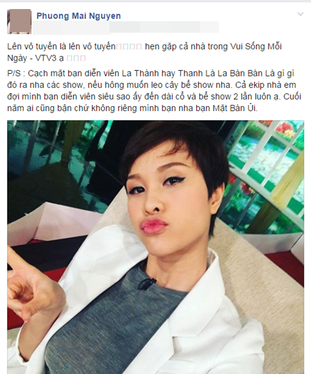 Cuối tháng 12/2015, Phương Mai đăng một status dài tỏ thái độ bất bình với sự vô trách nhiệm của diễn viên hài La Thành. Theo nữ MC Phương Mai cô cùng ekip đã phải chờ đợi quá lâu. “Cạch mặt bạn diễn viên La Thành hay Thanh Là La Bàn Bàn Là gì gì đó nếu không muốn leo cây, bể show nha. Cả ê kíp nhà em đợi mình bạn diễn viên siêu sao ấy đến dài cổ và bể show 2 lần luôn ạ...”, cô tức giận chia sẻ dòng trạng thái.