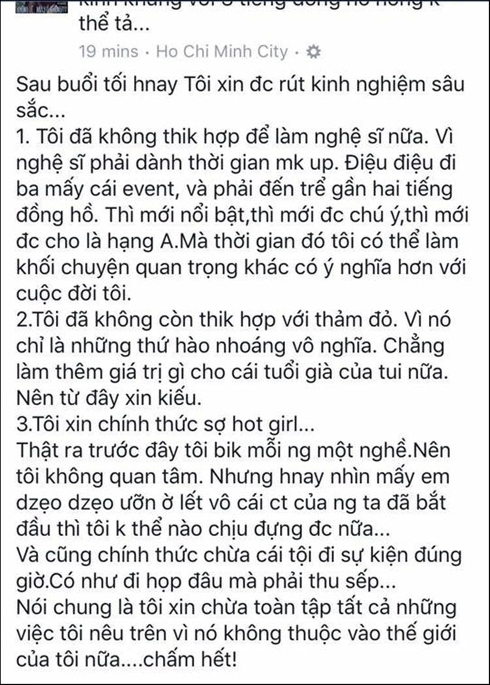 Khi sao Việt bị tố chảnh chọe - 11 “Tôi đã không thích hợp để làm nghệ sĩ nữa, vì nghệ sĩ phải dành thời gian make-up, điệu điệu đi mấy cái event, và phải đến trễ gần 2 tiếng đồng hồ thì mới nổi bật, mới được chú ý và mới được cho là hạng A. Thời gian đó, tôi có thể làm khối chuyện quan trọng khác có ý nghĩa hơn với cuộc đời tôi”, Ngô Thanh Vân thẳng thắn.