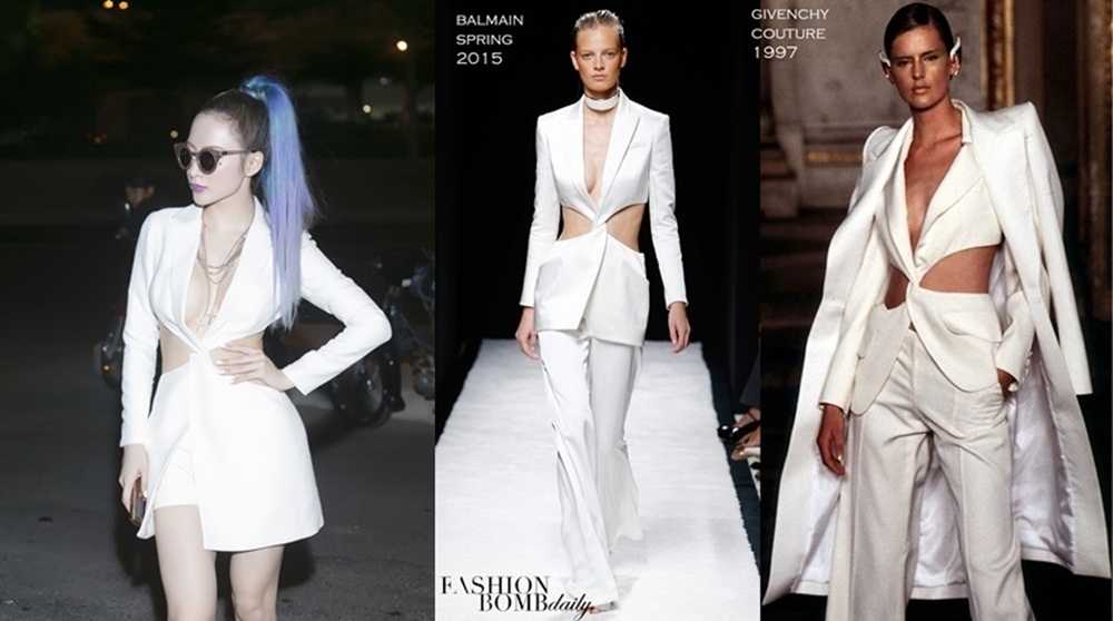 Bộ cánh được cut out rất táo bạo của Phương Trinh được cho là “giống một cách khó hiểu” thiết kế của Balmain. Mẫu thiết này cũng từng gây tranh cãi khi thương hiệu Balmain bị tố ăn cắp ý tưởng của nhà mốt Givenchy.