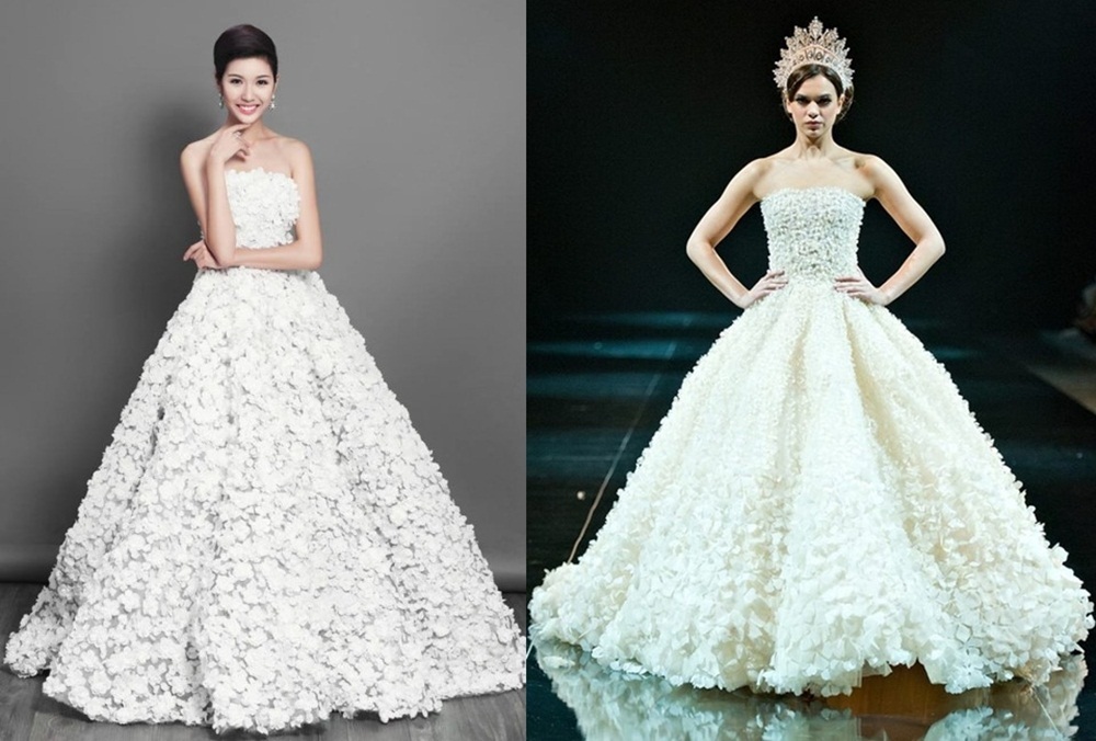 Chiếc đầm dạ hội mà Thúy Vân mặc khi tham gia đấu trường nhan sắc quốc tế Miss International 2015 bị nghi đạo thiết kế váy cưới đính hoa đã được giới thiệu tại Fashion show Dubai 2013 của NTK Michael Cinco - một NTK người Philippines.