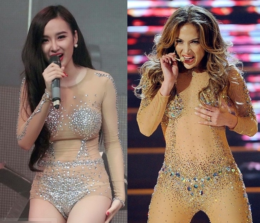 
Hết đạo nhái trang phục thảm đỏ lại đến trang phục biểu diễn. Trang phục này Angela Phương Trinh “học hỏi” từ trang phục của nữ ca sĩ Jennifer Lopez đã mặc để trình diễn tại lễ trao giải âm nhạc Mỹ AMA 2011.
