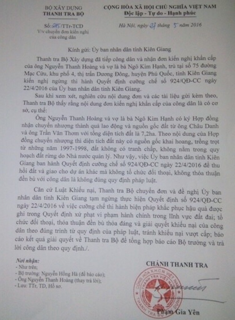 Thanh tra Bộ xây dựng cho rằng khiếu nại của vợ chồng ông Nguyễn Thanh Hoàng là có cơ sở nên đền ghị Chủ tịch UBND tỉnh Kiên Giang tạm dừng quyết định cưỡng chế
