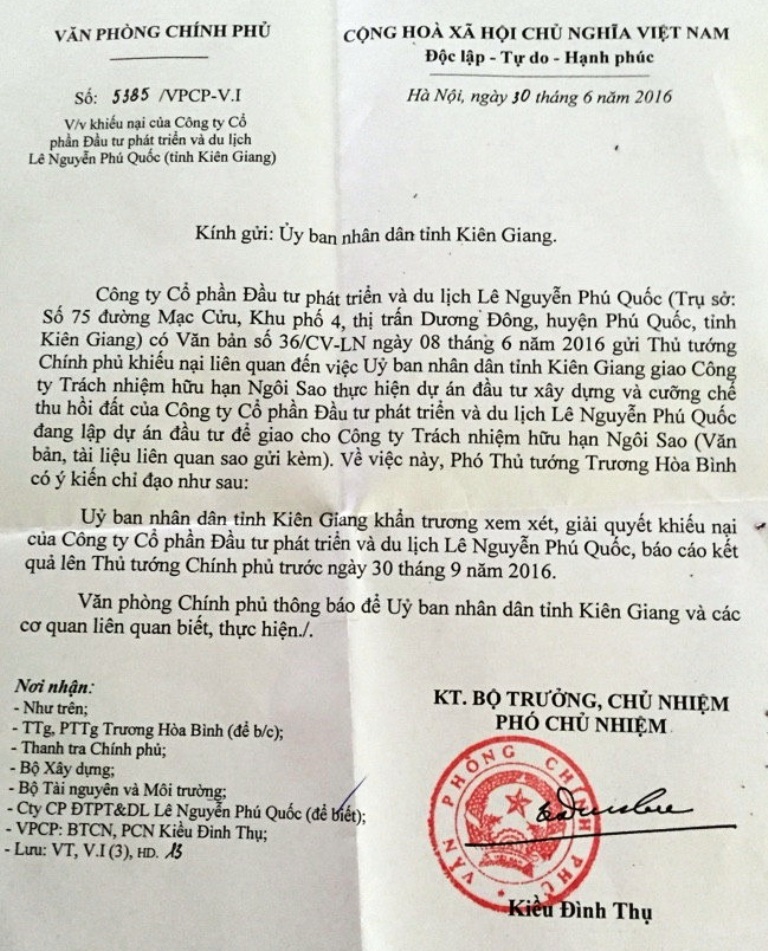 Tước đất của dân giao cho doanh nghiệp: Thanh tra Bộ xây dựng đề nghị dừng cưỡng chế - 1 Công văn của Văn phòng Chính phủ truyền đạt ý kiến của Phó Thủ tướng Trương Hòa Bình về việc chỉ đạo Chủ tịch UBND tỉnh Kiên Giang xem xét, giải quyết khiếu nại cho Công ty CP Đầu tư và Phát triển Du lịch Lê Nguyễn Phú Quốc