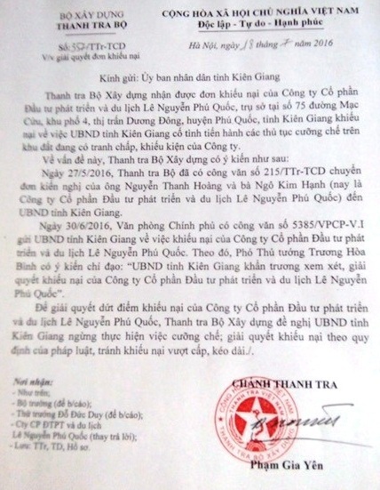 Tước đất của dân giao cho doanh nghiệp: Thanh tra Bộ xây dựng đề nghị dừng cưỡng chế - 3 Ngày 18/7 Chánh thanh tra Bộ xây dựng ra công văn đề nghị UBND tỉnh Kiên Giang ngừng việc cưỡng chế, giải quyết khiếu nại theo qui định pháp luật