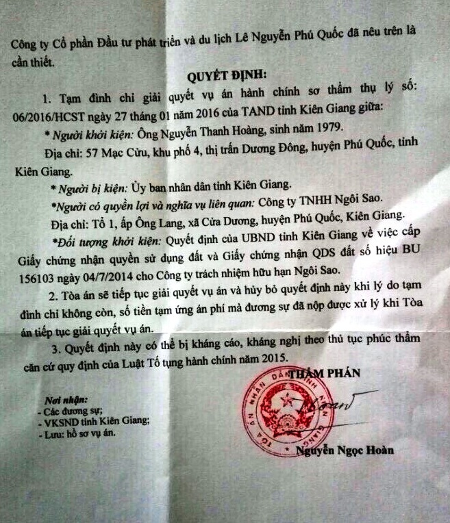 Tước đất của dân giao cho doanh nghiệp: TAND Kiên Giang ra quyết định tạm đình chỉ vụ án - 2 Tước đất của dân giao cho doanh nghiệp: TAND Kiên Giang ra quyết định tạm đình chỉ vụ án - 2
