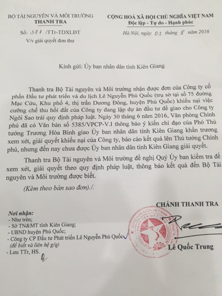 Chính phủ chỉ đạo Kiên Giang làm rõ việc tổ chức cưỡng chế thu hồi đất giao cho doanh nghiệp - 2 Xung quanh những khiếu nại của Công ty Lê Nguyễn Phú Quốc, Thanh tra Bộ Tài nguyên và Môi trường cũng yêu cầu UBND tỉnh Kiên Giang xem xét giải quyết và báo cáo kết quả giải quyết cho Bộ Tài nguyên và Môi trường