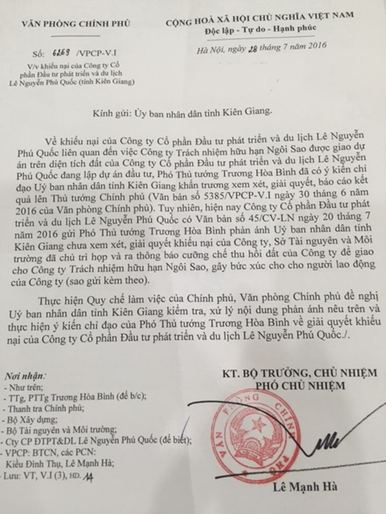 Chính phủ chỉ đạo Kiên Giang làm rõ việc tổ chức cưỡng chế thu hồi đất giao cho doanh nghiệp - 1 Công văn của Văn phòng Chính phủ yêu cầu UBND tỉnh Kiên Giang kiểm tra, xử lí nội dung phản ánh của Công ty Lê Nguyễn Phú Quốc và thực hiện ý kiến chỉ đạo của Phó Thủ tướng Trương Hòa Bình