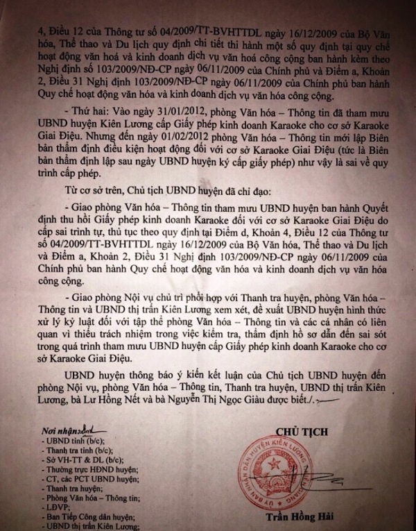 Bị quán karaoke “tra tấn”, cụ bà 93 tuổi đến trụ sở Ủy ban huyện tá túc - 5 Chủ tịch huyện Kiên Lương Trần Hồng Hải, từng đề cập đến việc kỷ luật tập thể, cá nhân Phòng văn hóa thông tin trong việc cấp phép cho cơ sở karaoke Giai Điệu chưa đúng với qui định pháp luật. Nhưng hiện nay, huyện dự tính trả lại giấy phép cho quán Giai Điệu, việc này đồng nghĩa là không có cá nhân hay tập thể nào bị xử lí?