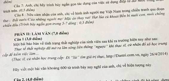 Nhiều vấn đề “nóng sốt” vào đề Văn lớp 12 - 2 Đề thi thử của Trường THPT chuyên Phan Bội Châu, Nghệ An sử dụng trích dẫn trong bài viết của báo Dân trí về tình trạng thất nghiệp của cử nhân