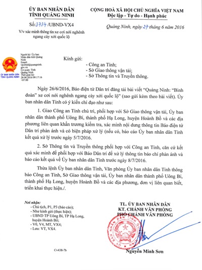 “Binh đoàn” xe cơi nới tự cắt thùng cùng thời điểm có “lệnh” kiểm tra - 1 Công văn UBND tỉnh Quảng Ninh chỉ đạo các đơn vị chức năng sau phản ánh của Báo Điện tử Dân trí.
