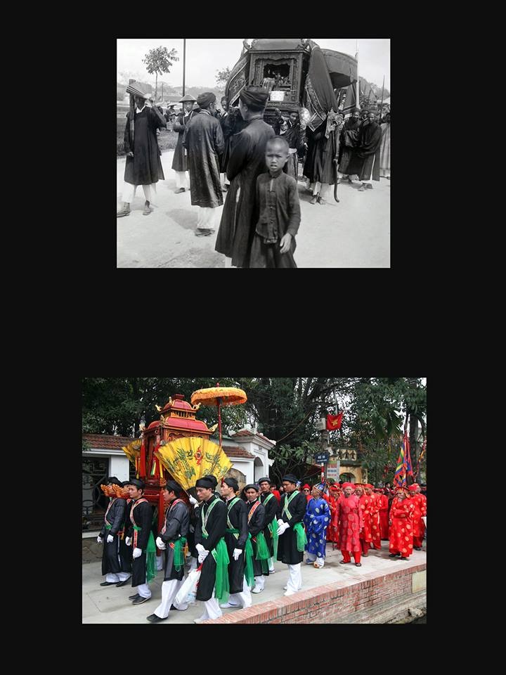 Ảnh trên là cảnh đám rước hội trên đường quê, không rõ tác giả và năm chụp. Ảnh của Viện Viễn Đông Bác Cổ Hà Nội. Ảnh dưới là lễ rước long đình trong lễ hội làng Triều Khúc -Hà Nội vào 11/1 âm lịch năm 2013.