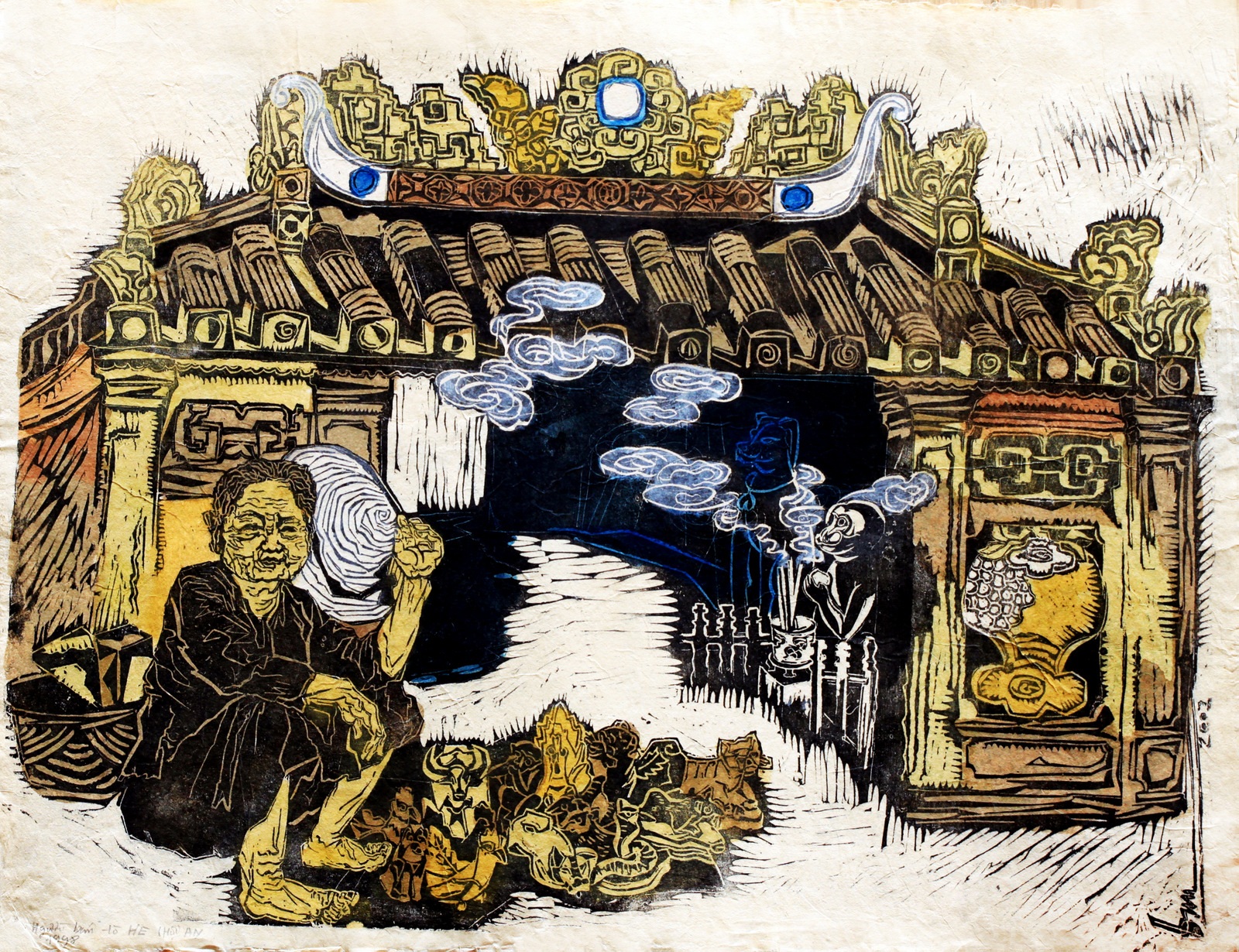 Tác phẩm tranh khắc gỗ Nghệ nhân nặn tò he ở Chùa Cầu - Hội An của họa sỹ Trần Nguyên Đán.