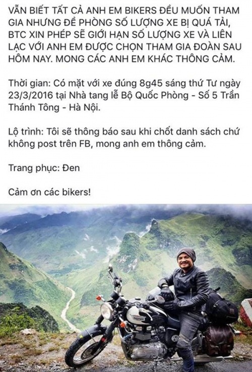 MC Anh Tuấn cùng đội xe motor 40 người tiễn đưa ca sỹ Trần Lập - 1
Lời chia sẻ của MC Anh Tuấn về việc đoàn bikers sẽ tiễn đưa ca sỹ Trần Lập bằng motor từ Nhà tang lễ về nhà riêng.