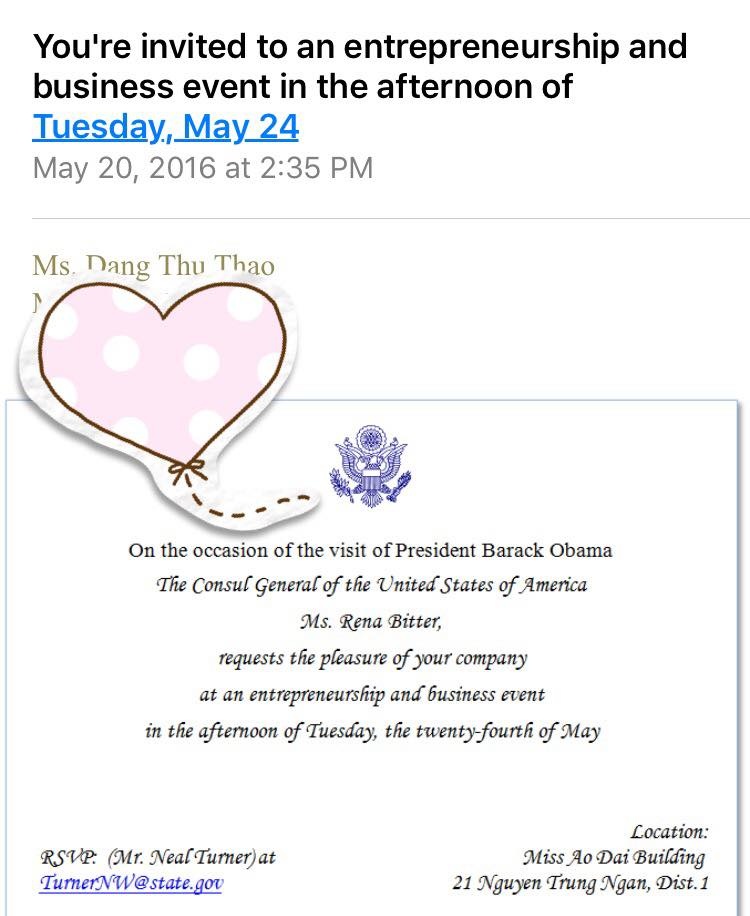 Hoa hậu Thu Thảo, Lan Phương háo hức được gặp Tổng thống Obama tại Việt Nam - 5 Thư mời Hoa hậu Thu Thảo tham gia một sự kiện khiến cô quyết định hủy chuyến đi nước ngoài để gặp thần tượng Obama.