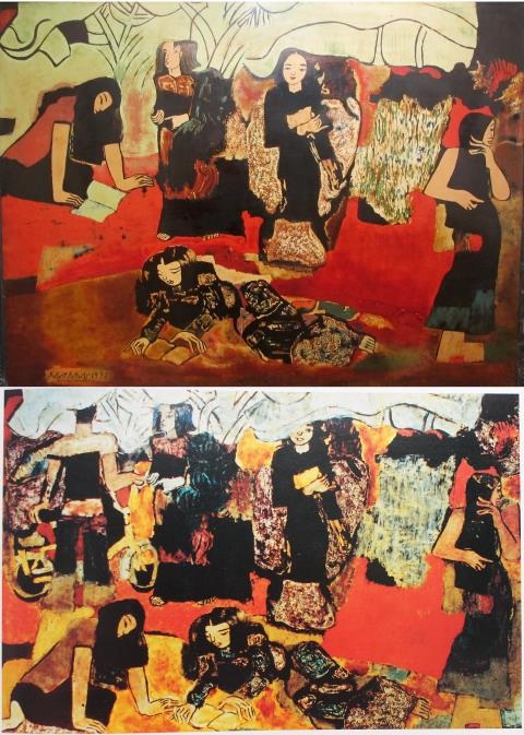 Bức tranh Vườn chuối của danh hoạ Nguyễn Sáng. Bức trên trưng bày tại triển lãm, bức dưới được cho là bức gốc. Ảnh: TTVH.