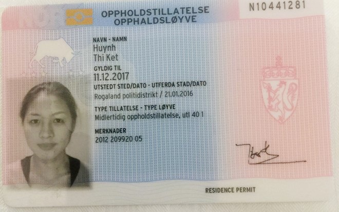 Thẻ xanh được Nhà nước Nauy cấp cho Thái Nhã Vân. Ảnh: NVCC.