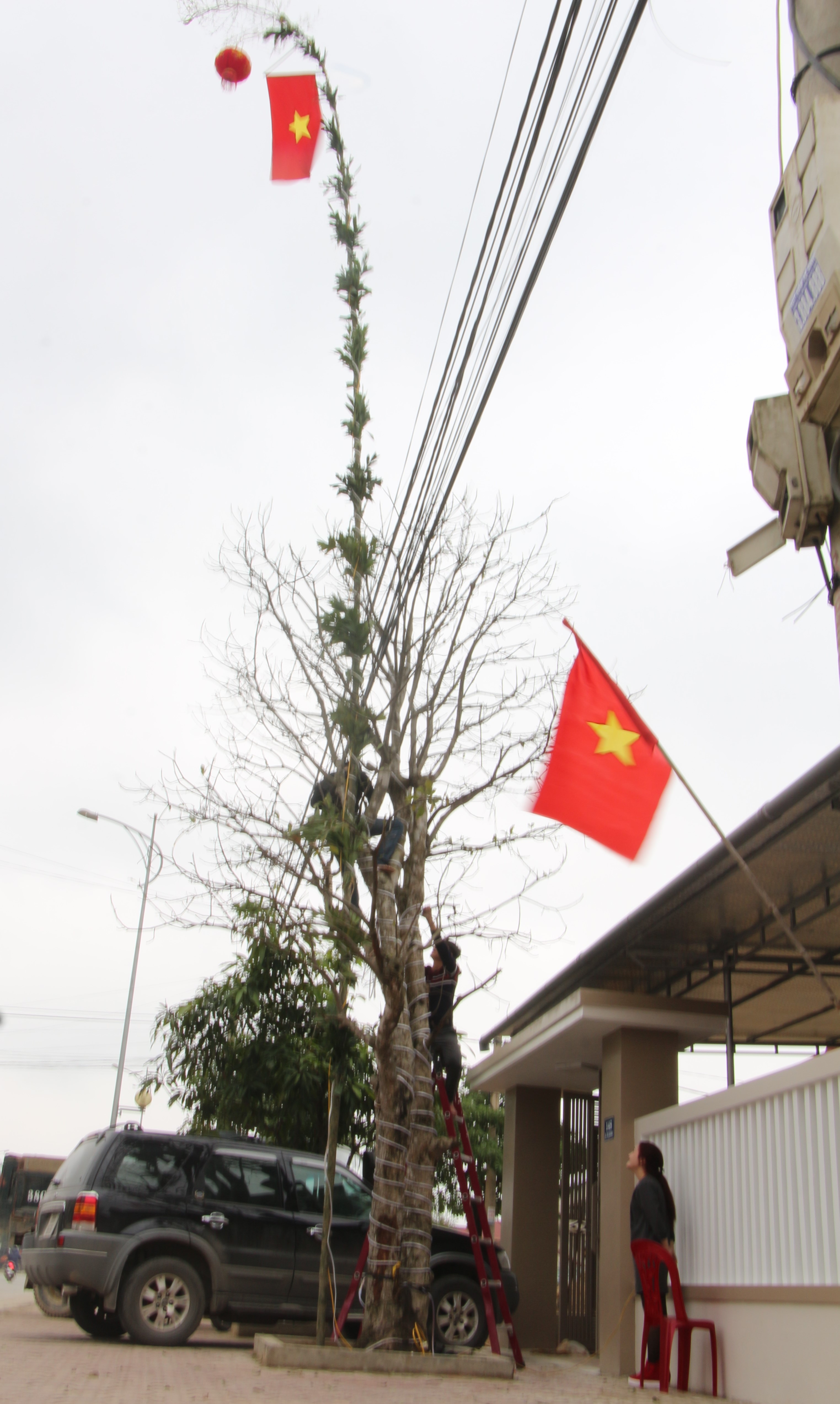 Cây nêu được dựng trang trọng trước khuôn viên nhà