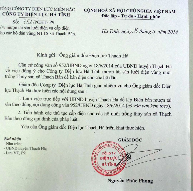 Công văn của Công ty Điện lực Hà Tĩnh giao Điện lực Thạch Hà tiếp nhận công trình điện Thạch Bàn mà UBND huyện Thạch Hà cho Điện lực Hà Tĩnh mượn tạm sử dụng.