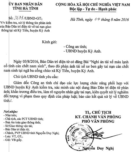 Chủ tịch Hà Tĩnh chỉ đạo làm rõ nghi án tài xế cố tình cán chết nam sinh - 1 Công văn của UBND tỉnh yêu cầu Giám đốc Công an tỉnh này chỉ đạo các đơn vị liên quan, phối hợp UBND huyện Kỳ Anh điều tra, làm rõ vụ việc.