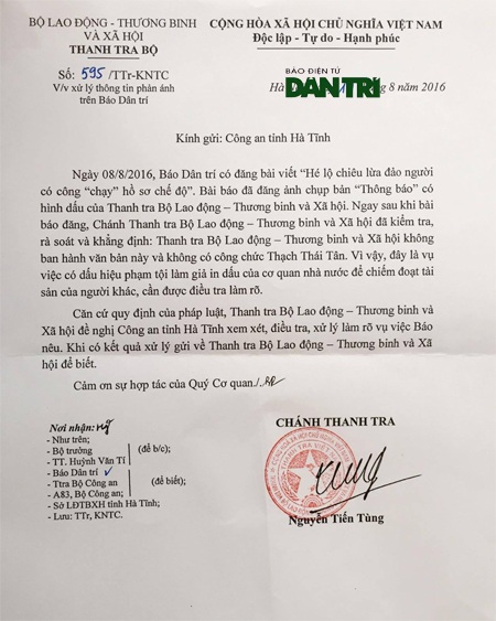 Vụ lừa đảo người có công: Bộ LĐ-TB&XH đề nghị Công an Hà Tĩnh điều tra - 1 Công văn đề nghị Công an Hà Tĩnh điều tra, xử lí vụ việc của Thanh tra Bộ LĐTB--XH.