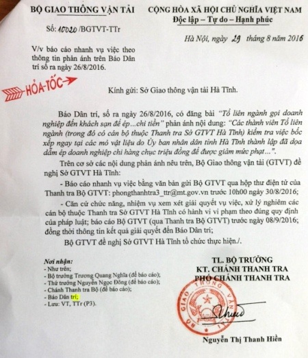 Bộ GTVT chỉ đạo làm rõ vụ ép doanh nghiệp đến khách sạn chi tiền - 1 Công văn hỏa tốc của Bộ GTVT gửi, yêu cầu Sở GTVT Hà Tĩnh báo cáo kết quả xử lí trước ngày 8/9/2016.