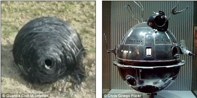 Quả cầu bí ẩn rơi từ trên trời xuống ở ngôi làng của Tây Ban Nha hồi tháng 11/2015 (trái). Vật thể được cho là khá giống một loại vũ khí dùng tra tấn tù nhân trong bộ phim Chiến tranh giữa các vì sao. (Ảnh: Dailymail)