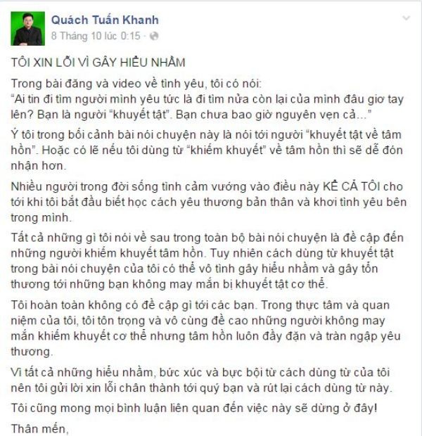 Lời xin lỗi của ông Quách Tuấn Khanh