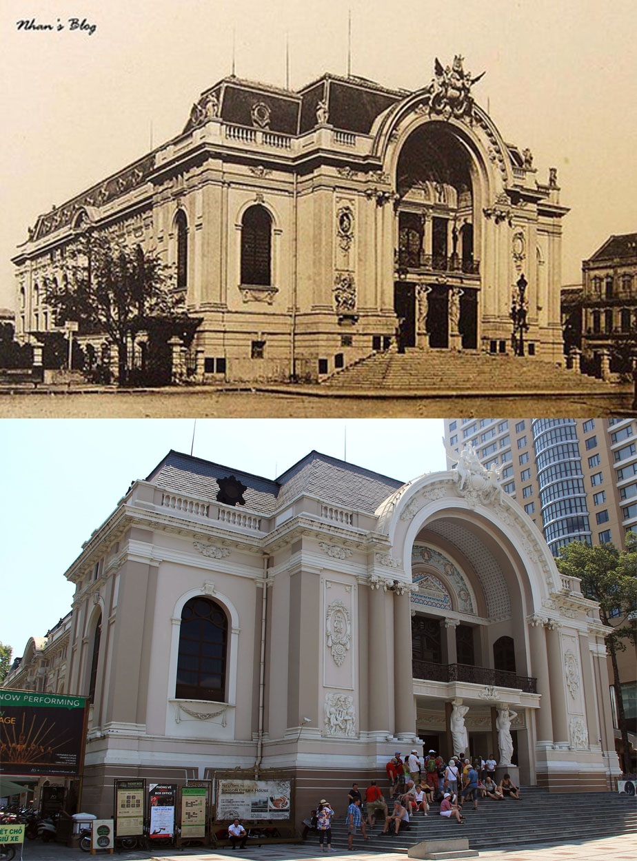 Sài Gòn - TPHCM xưa và nay - 9 Nhà hát Lớn Thành phố do người Pháp xây dựng hoàn tất vào năm 1900. Đây là nơi trình diễn ca nhạc kịch cho Pháp kiều xem. Từ năm 1956, Nhà hát được dùng làm trụ sở Hạ nghị viện chế độ cũ. Từ sau ngày giải phóng, tòa nhà này trở lại đúng công năng của nó khi xây dựng, trở thành Nhà hát Lớn của người TPHCM.