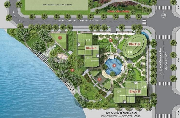 Mật độ xây dựng chỉ 48%, hệ số sử dụng đất chỉ 3,57, không gian sống của Riverpark Premier chủ yếu là thiên nhiên và tiện ích phong phú