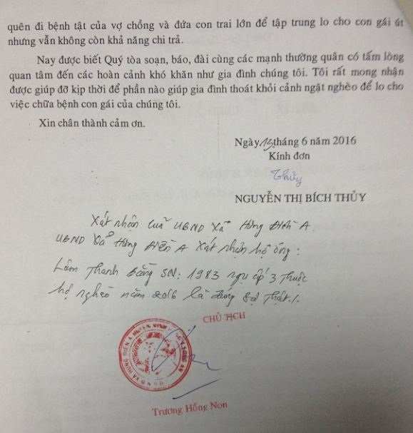 Đơn xác nhận hoàn cảnh khó khăn của gia đình chị Thủy