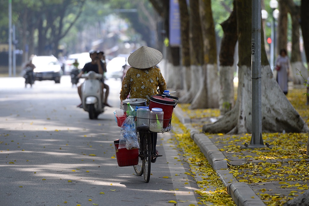 
Xe hàng rong bên vỉa hè đầy lá vàng.
