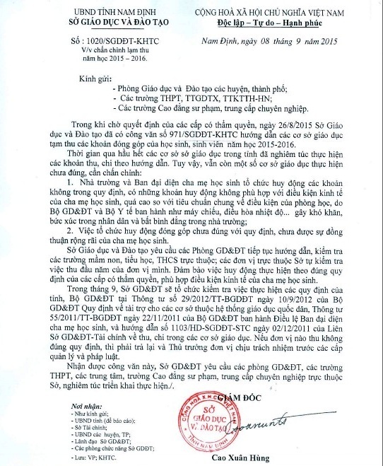 Văn bản Giám đốc Sở GD-ĐT Nam Định yêu cầu chấn chỉnh tình trạng lạm thu đầu năm học Văn bản Giám đốc Sở GD-ĐT Nam Định yêu cầu chấn chỉnh tình trạng lạm thu đầu năm học