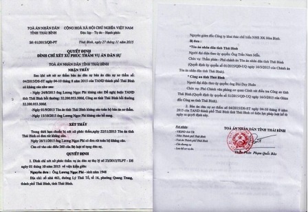 "Kỷ lục" 7,2 tỷ đồng bồi thường oan sai của ông Chấn bị phá vỡ - 2 Quyết định đình chỉ xét xử phúc thẩm vụ án ông Lương Ngọc Phi khởi kiện đòi TAND tỉnh Thái Bình và Công an tỉnh Thái Bình