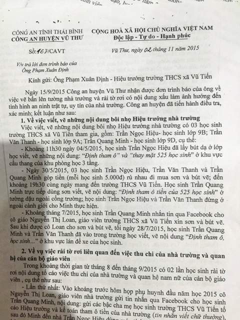 Công văn số 167/CAVT ngày 2/11/2015 của Công an huyện Vũ Thư