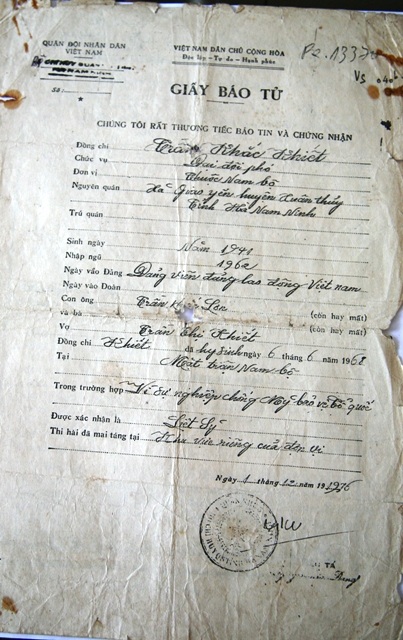 
Giấy báo từ thông báo liệt sỹ Trần Khắc Khiết hy sinh
