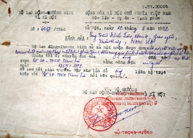 Văn bản số 6017/TBLS của Bộ LĐTB&XH gửi cho ông Trần Khắc Lơn