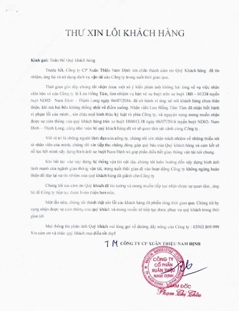 Công ty xe buýt xin lỗi vì nhân viên cãi vã với khách hàng - 3 Thư xin lỗi khách hàng của công ty cổ phần Xuân Thiệu