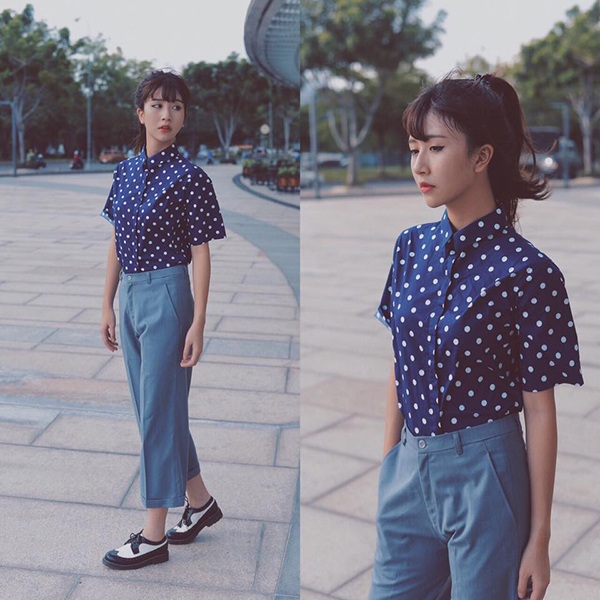 Trang phục của Quỳnh Anh Shyn luôn có tông màu nhã nhặn, mang hơi hướm hoài cổ nhưng không hề lỗi thời