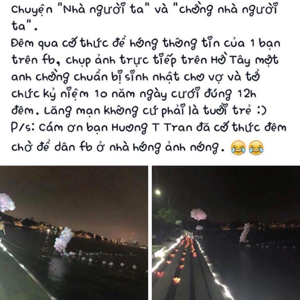 Màn kỉ niệm 10 năm ngày cưới như "ngôn tình" của cặp đôi Hà Nội - 1 Màn tỏ tình lãng mạn của người chồng với vợ vào lúc 0h ở Hồ Tây (Hà Nội) đang được dân mạng chia sẻ