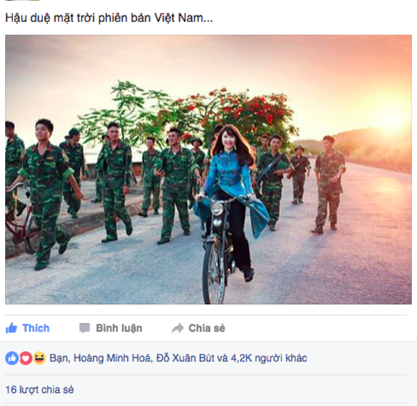 Ảnh "Hậu duệ mặt trời" phiên bản Việt hút ngàn lượt Like - 1 Bức ảnh thiếu nữ Việt đạp xe giữa dàn quân nhân thu hút hàng ngàn Like trên Facebook