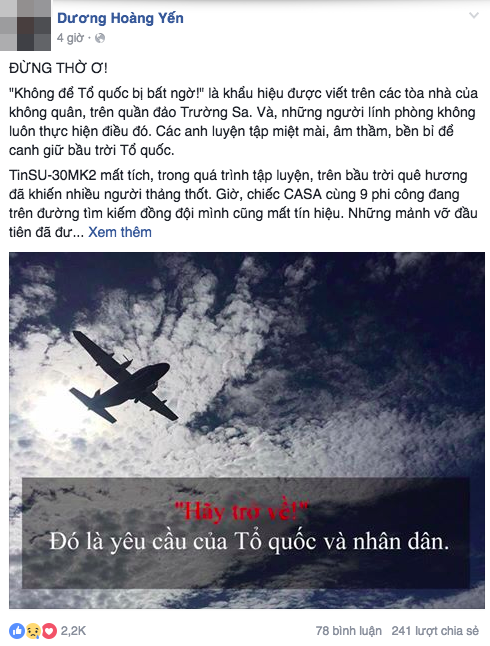 Hashtag "Hãy trở về" cầu nguyện cho tổ bay CASA-212 phủ khắp mạng xã hội - 2 Từ người dân thường cho tới giới văn nghệ sĩ đều bày tỏ niềm quan tâm tới cuộc tìm kiếm tổ bay đang mất tích trên biển.