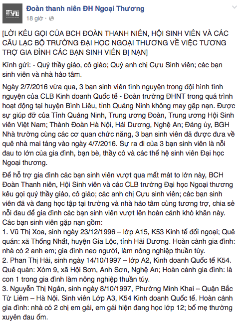 Đoàn trường Ngoại thương phát động quyên góp tới gia đình 3 nữ sinh tử nạn - 2 Đoàn trường Ngoại thương phát động quyên góp tới gia đình 3 nữ sinh tử nạn - 2