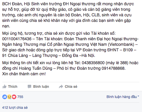 Đoàn trường Ngoại thương phát động quyên góp tới gia đình 3 nữ sinh tử nạn - 3 Đoàn thanh niên Đại học Ngoại thương phát động quyên góp để ủng hộ cho gia đình 3 nữ sinh bị nạn