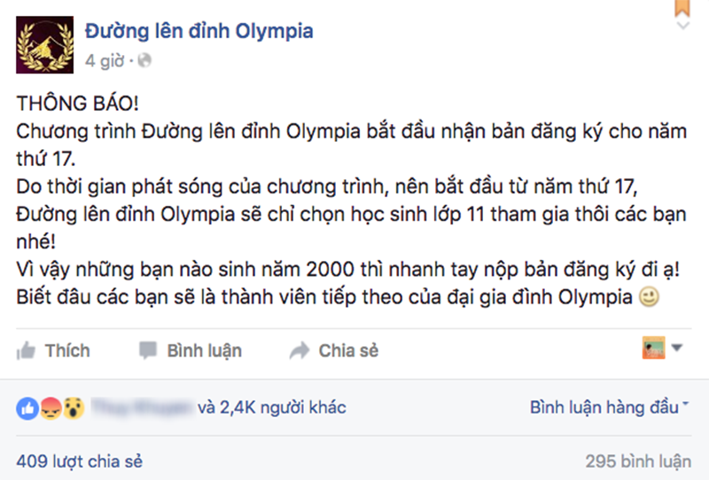 Đường lên đỉnh Olympia: Học sinh lớp 12 bị "cấm cửa", MC Diệp Chi thay Tùng Chi - 3 Thông báo về sự thay đổi đối tượng tham gia cuộc thi trên fanpage Đường lên đỉnh Olympia.