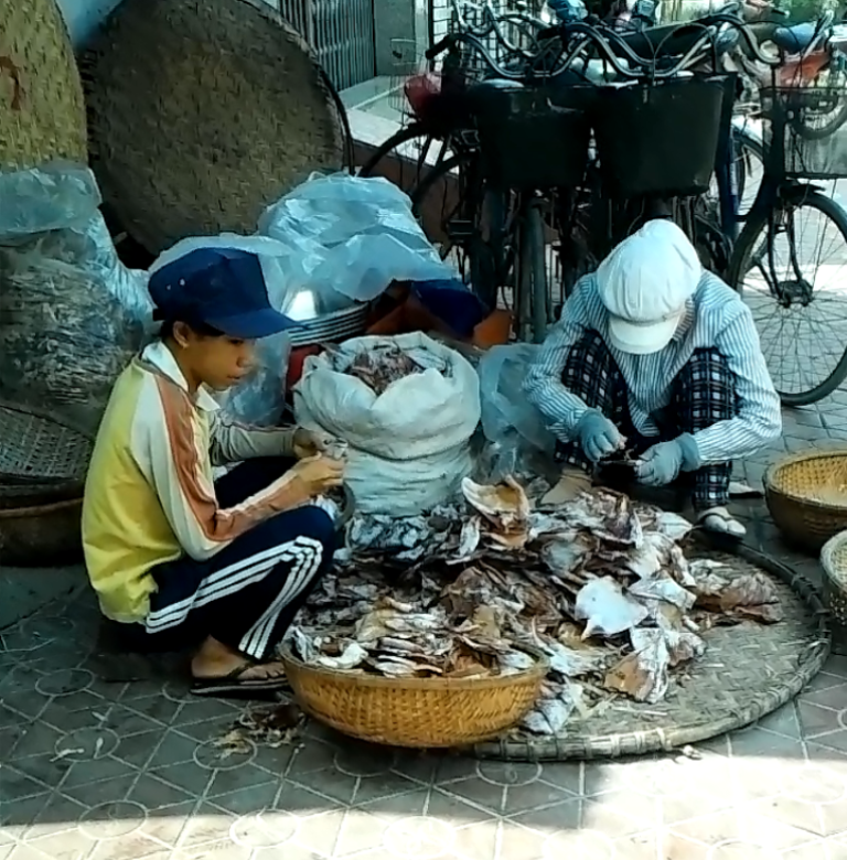 Kinh hoàng ruồi bu, bụi bám mực tẩm gia vị - 1 Công nhân ở một cơ sở chế biến mực trên đường Trần Quang Diệu không có dụng cụ bảo hộ, bao tay vệ sinh để làm