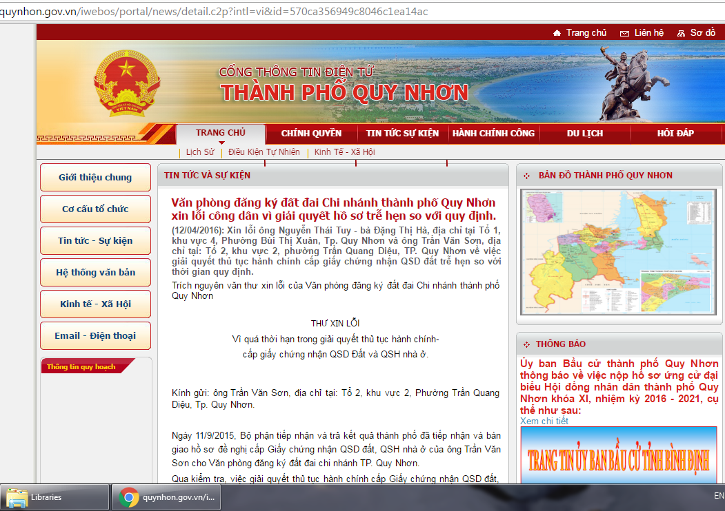 Thành phố đăng thư xin lỗi dân vì trễ hẹn cấp sổ đỏ - 1 Văn phòng đăng ký đất đai - Chi nhánh TP Quy Nhơn (Bình Định) đăng thư xin lỗi người dân vì trễ cấp sổ đỏ, sổ hồng