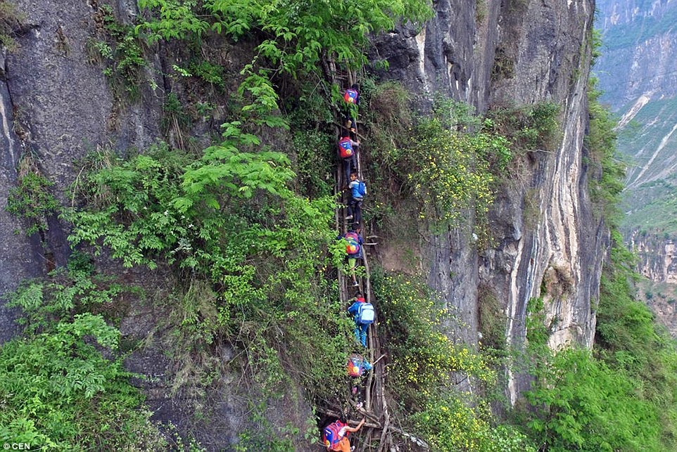 Hãi hùng cảnh học sinh Trung Quốc leo vách đá đi học - 1 Để đến được trường học, các học sinh Trung Quốc phải vượt qua 800 m vách đá cheo leo (Ảnh: Chen Jie)