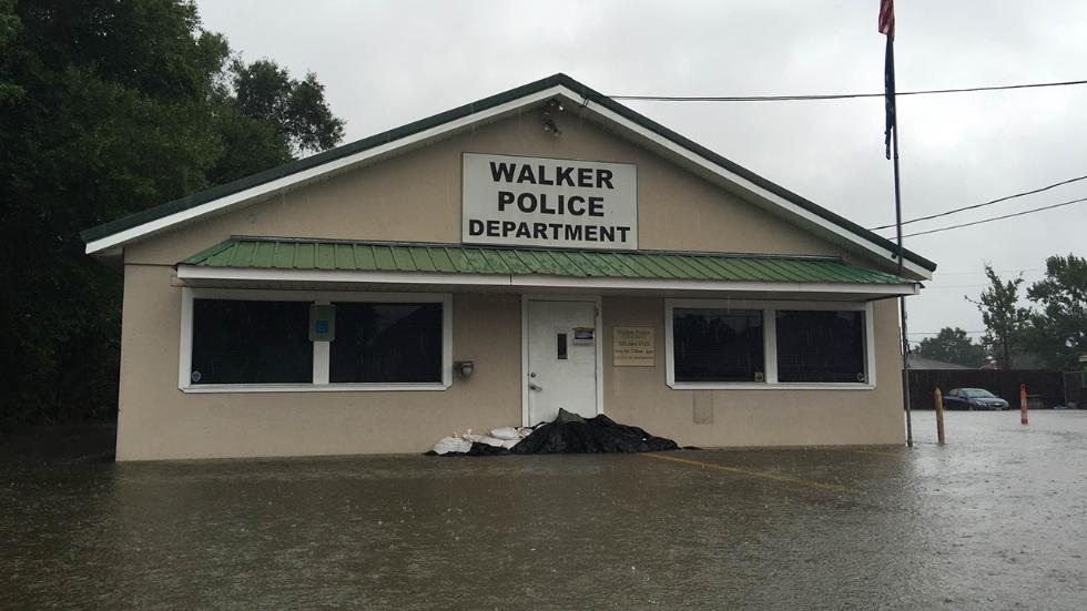 Văn phòng cảnh sát khu vực Walker tại bang Louisiana gần như bị phong tỏa bởi nước.