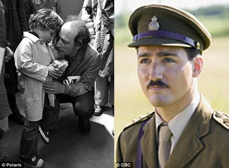 Cựu Thủ tướng Pierre Trudeau và con trai Justin khi cậu bé mới lên 3 tuổi (trái). Justin xuất hiện trong một bộ phim truyền hình hồi năm 2007 (phải).